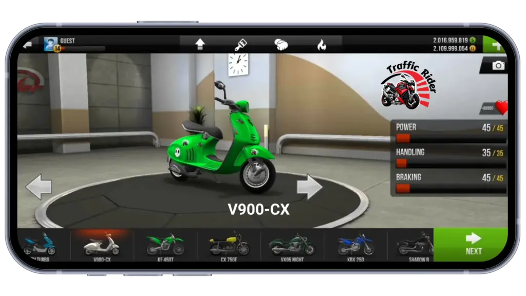 v900-cx motorbike in traffic rider garage