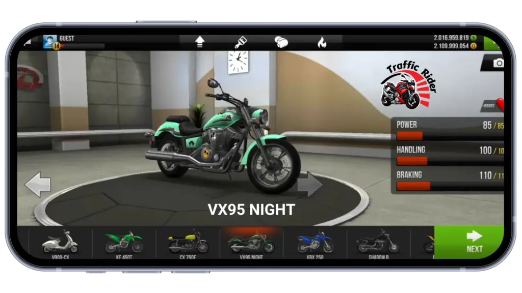vx95 night bike in the garage of traffic rider